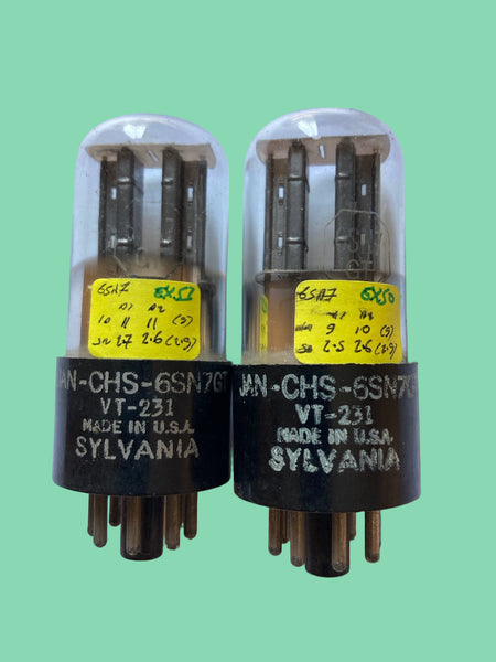 6SNGT, SYLVANIA, MATCHED PAIR   VT-231  CLEAR GLASS, FAT BASE, T PLATE,  WARTIME PRODUCTION, 6SN7