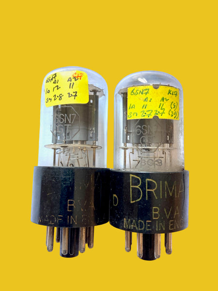 6SN7GT, BRIMAR, MATCHED PAIR,  CLEAR GLASS, FAT BASE WITH ORNGE PRINT, BRITISH MADE, SAME FACTORY CODE ,1950s PRODUCTION, 6SN7