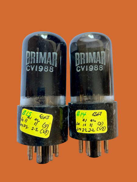CV1988, MIL SPEC 6SN7GT, BRIMAR, MATCHED PAIR,  CHARCOAL GLASS, FAT BASE, BRITISH MADE, SAME FACTORY CODE , MARCH 1956 FOOTSCRAY PRODUCTION, 6SN7