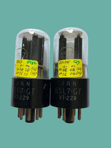 6SL7GT, RCA, MATCHED PAIR   VT-229  GREY GLASS, FAT BASE, SMALL LOGO,  SAME DATE CODE, V1C, JANUARY 1945 PRODUCTION, 6SL7