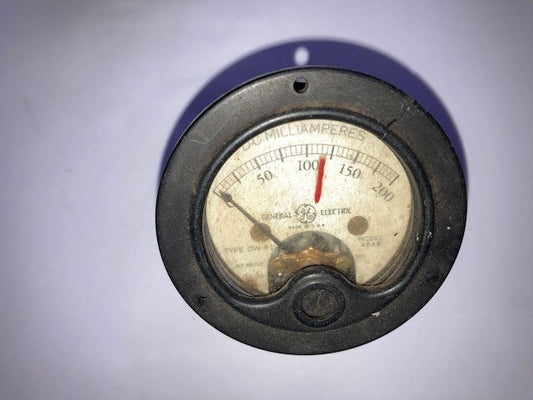 2.25ins dia.,  2.0 ins mounting aperture, Moving Coil Meter, General Electric Scaled 0-200 DC mA, Cracked casing as shown