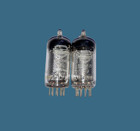 EF86, MULLARD, OLD SHIELD MATCHED PAIR, WITH SAME FACTORY CODE, PIN MESH 20mm LENGTH SCREEN, WHITE PRINT,  9r1 B9F/H, BLACKBURN AUGUST 1959 PRODUCTION