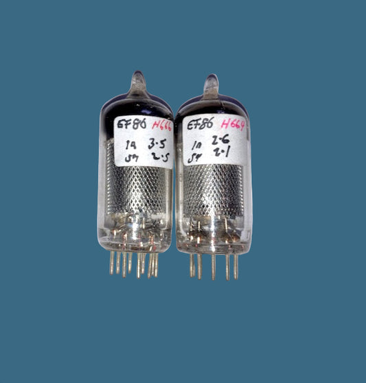 EF86, MULLARD, OLD SHIELD MATCHED PAIR, WITH SAME FACTORY CODE, PIN MESH 20mm LENGTH SCREEN, WHITE PRINT,  9r1 B9F/H, BLACKBURN AUGUST 1959 PRODUCTION