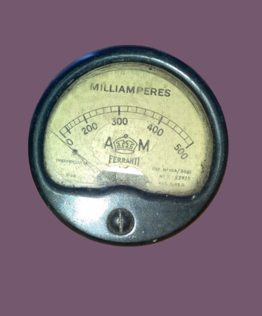 Thermocouple, Moving Coil Meter, Ferranti, Air Ministry,  10A/8481, DATED 1939, SCALED 0-500 mA, , 52mm, 2.5 INS MOUNTING DIA.,55mm OVERALL DIA