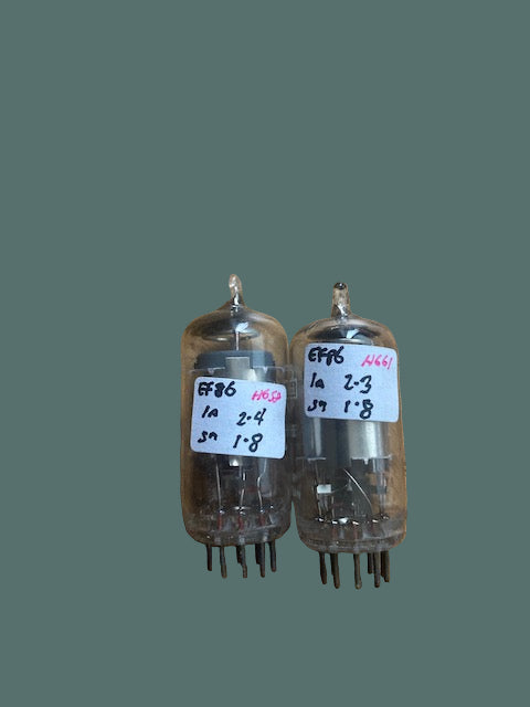 EF86, MULLARD, OLD SHIELD, MATCHED PAIR, WITH SAME FACTORY CODE, SOLID CHROME SCREEN, WHITE PRINT,  8y0 R033,  MITCHAM MARCH 1950, EF86