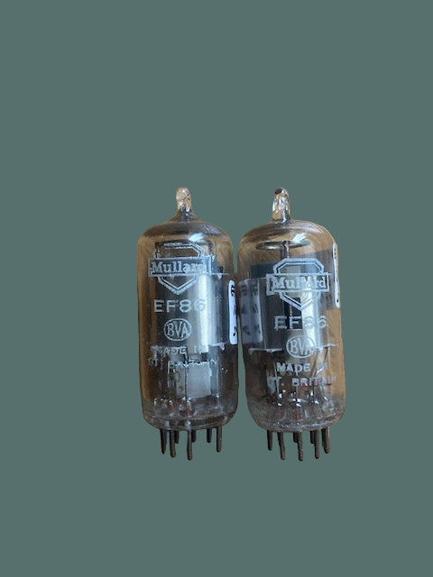 EF86, MULLARD, OLD SHIELD, MATCHED PAIR, WITH SAME FACTORY CODE, SOLID CHROME SCREEN, WHITE PRINT,  8y0 R033,  MITCHAM MARCH 1950, EF86