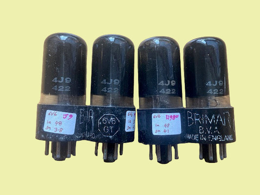 6V6GT, BRIMAR,  MATCHED QUAD, BLACK GLASS, BLACK BASE WITH WHITE PRINT, SAME FACTORY CODE, 4J9 422, STC FOOTSCRAY OCTOBER 1959 PRODUCTION  6V6