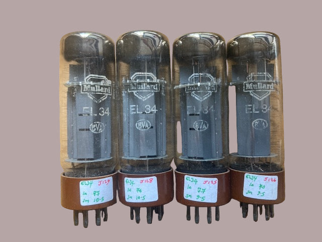 EL34, MATCHED QUAD, MULLARD, BROWN BASE, WHITE PRINT, TWIN D, DD, DOUBLE D GETTER , xF4 X0A, PHILIPS SITTARD, JANUARY 1950 PRODUCTION, 6CA7&nbsp;