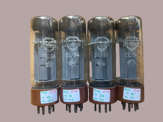 EL34, MATCHED QUAD, MULLARD, BROWN BASE, WHITE PRINT, TWIN D, DD, DOUBLE D GETTER , xF4 X0A, PHILIPS SITTARD, JANUARY 1950 PRODUCTION, 6CA7&nbsp;