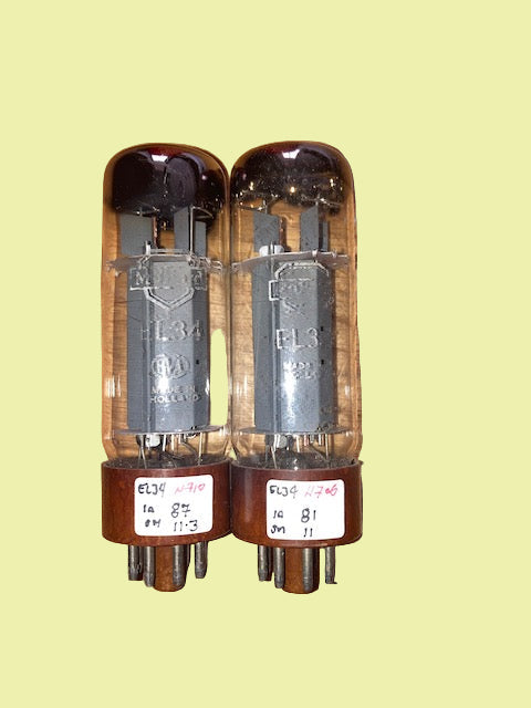 EL34, MATCHED PAIR, MULLARD, BROWN BASE, WHITE PRINT, TWIN D,  DD, DOUBLE D GETTER , xF4 L0E, MBLE BRUXELLES, MAY 1950 PRODUCTION, 6CA7 