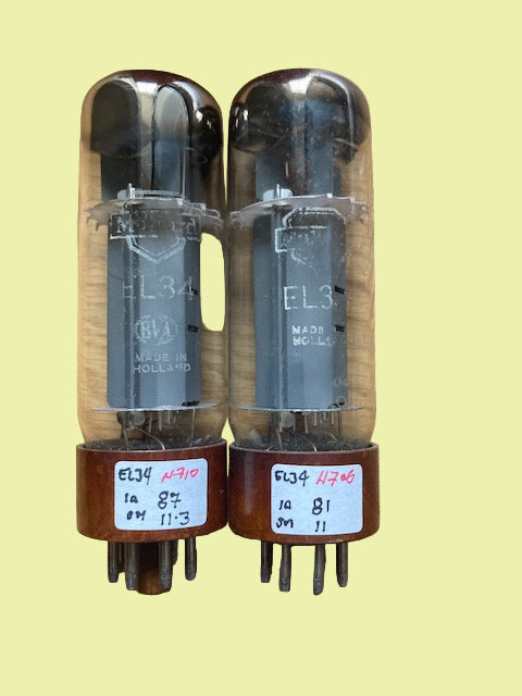 EL34, MATCHED PAIR, MULLARD, BROWN BASE, WHITE PRINT, TWIN D,  DD, DOUBLE D GETTER , xF4 L0E, MBLE BRUXELLES, MAY 1950 PRODUCTION, 6CA7 