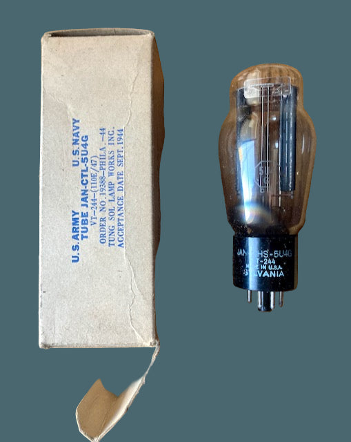 5U4G, TUNG-SOL, 5 RIB, CHARCOAL ANODE, JAN, VT-244,  110E/47, NEW BOXED, 4E CODED, SEPT 1944  PRODUCTION, 5U4 