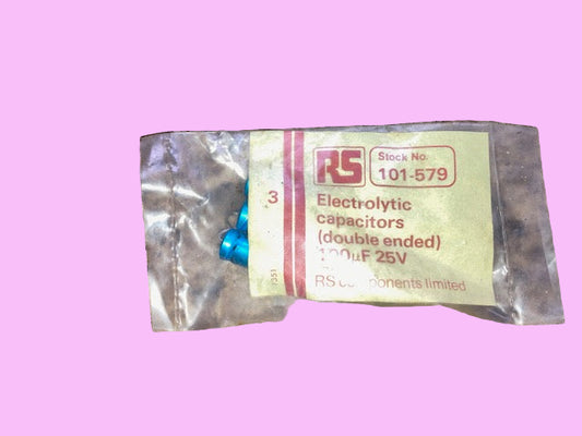 Radiospares, RS, 101-597, Philips axial electrolytic capacitors, 100uF @ 25V,  PACK OF 3x