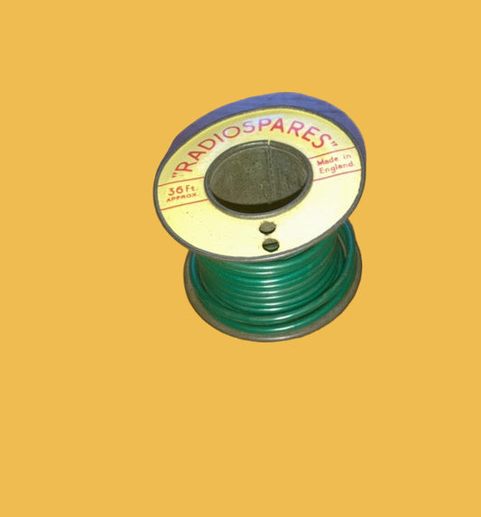 RS, RADIOSPARES, GREEN, STRANDED WIRE, 36 FT, 2 INS DIA TIN REEL, PART USED AS SHOWN