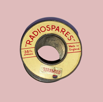 RS, RADIOSPARES, YELLOW/RED STRIPE, STRANDED WIRE, 36 FT, 2 INS DIA TIN REEL, PART USED AS SHOWN