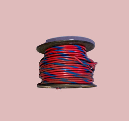 RS, RADIOSPARES, BLUE/RED STRIPE, STRANDED WIRE, 36 FT, 2 INS DIA TIN REEL, PART USED AS SHOWN 