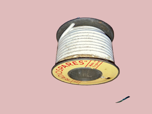 RS, RADIOSPARES, WHITE, STRANDED WIRE, 36 FT, 2 INS DIA TIN REEL, PART USED AS SHOWN&nbsp;