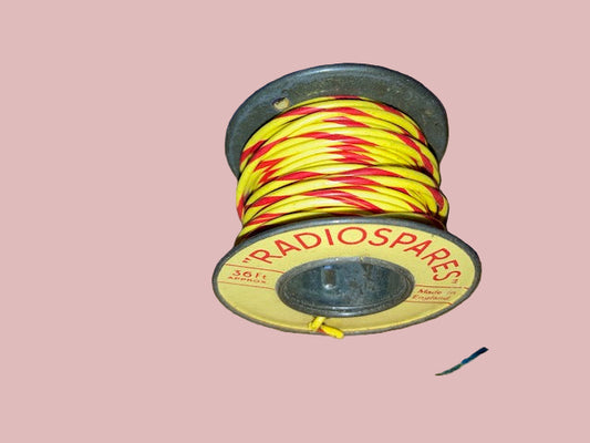 RS, RADIOSPARES, YELLOW/RED STRIPE, STRANDED WIRE, 36 FT, 2 INS DIA TIN REEL, PART USED AS SHOWN 