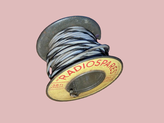 RS, RADIOSPARES, GREY/BLACK STRIPE, STRANDED WIRE, 36 FT, 2 INS DIA TIN REEL, PART USED AS SHOWN 