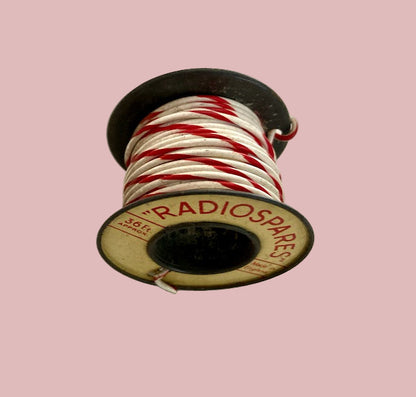 RS, RADIOSPARES, RED/WHITE STRIPE, STRANDED WIRE, 36 FT, 2 INS DIA TIN REEL, PART USED AS SHOWN 