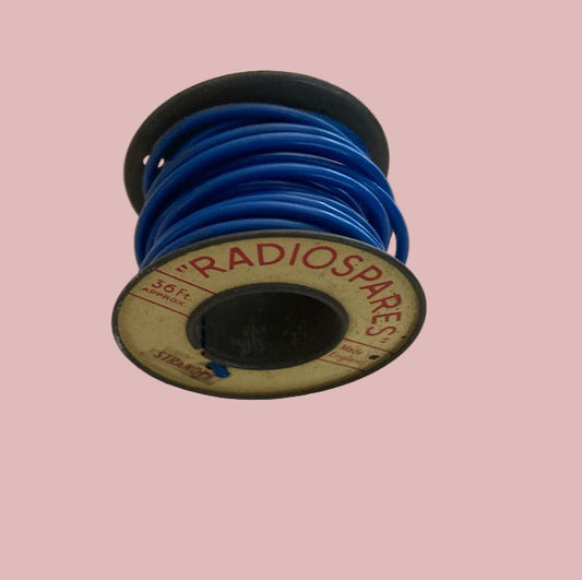RS, RADIOSPARES, BLUE, STRANDED WIRE, 36 FT, 2 INS DIA TIN REEL, PART USED AS SHOWN 