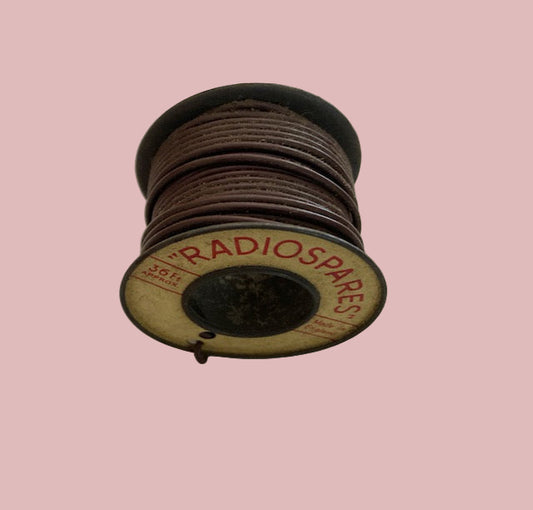 RS, RADIOSPARES, BROWN, STRANDED WIRE, 36 FT, 2 INS DIA TIN REEL, PART USED AS SHOWN