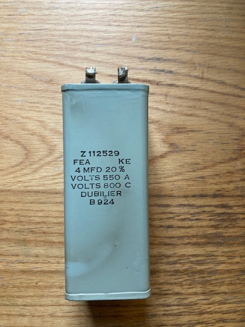 DUBILIER, NITROGOL, PIO, PAPER BLOCK CAPACITOR, CERAMIC TERMINAL, 4uF @ 550V