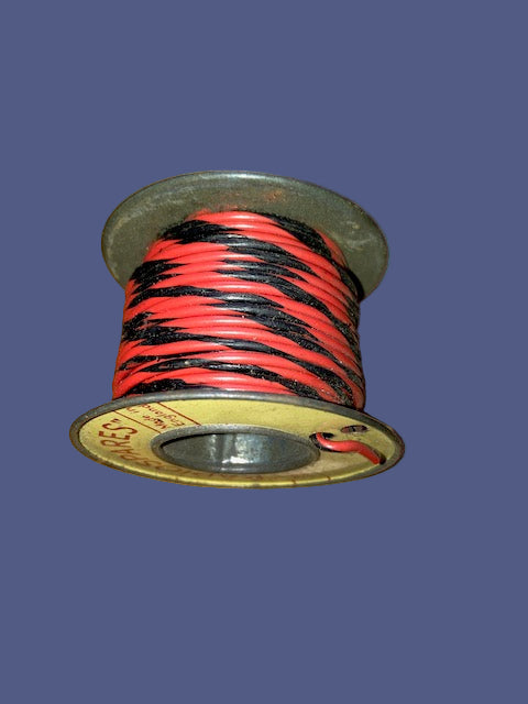 RS, RADIOSPARES, RED/BLACK STRIPE, STRANDED WIRE, 36 FT, 2 INS DIA TIN REEL, PART USED AS SHOWN