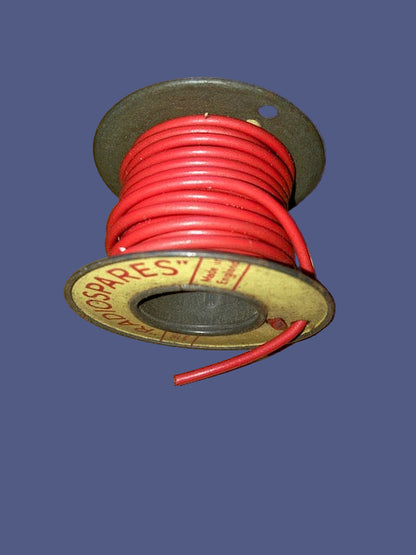 RS, RADIOSPARES, RED, STRANDED WIRE, 36 FT, 2 INS DIA TIN REEL, PART USED AS SHOWN