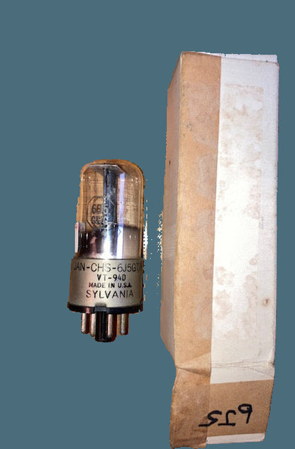 6J5GT, SYLVANIA, CLEAR GLASS, BLACK TOTEM PLATE, ACTUALLY  SYLVANIA US 1944 PRODUCTION, F4 DATE CODE,  METAL OVERCAP, 