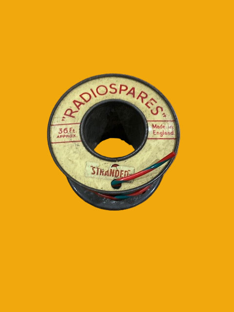 RS, RADIOSPARES, RED/GREEN STRIPE, STRANDED WIRE, 36 FT, 2 INS DIA TIN REEL, PART USED AS SHOWN