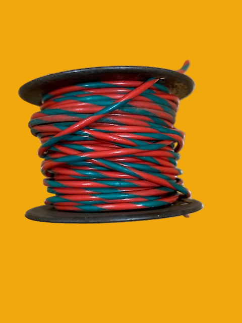 RS, RADIOSPARES, RED/GREEN STRIPE, STRANDED WIRE, 36 FT, 2 INS DIA TIN REEL, PART USED AS SHOWN
