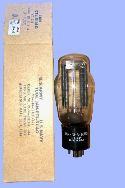 5U4G, TUNG-SOL, 5 RIB, CHARCOAL ANODE, JAN, VT-244, &nbsp;110E/47, NEW BOXED, 4E CODED, SEPT 1944 &nbsp;PRODUCTION, 5U4&nbsp;