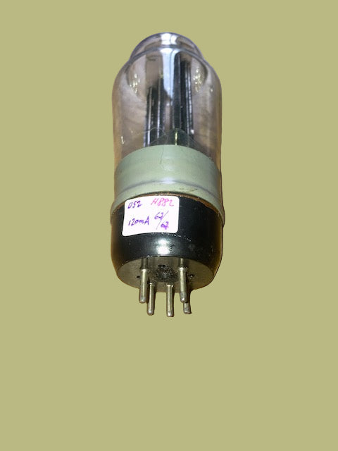 5U4G, GEC, 10E/373, U52,BLACK BASE, WITH BROKEN SPIGOT,  HAMMERSMITH PRODUCTION FOR AIR MINISTRY with ENVELOPE OVERCAP SLEEVE, VT-244, 5U4G, 5U4 