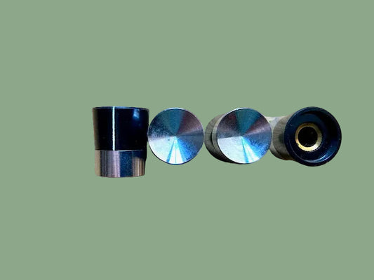 CONCAVE CHROME TOP KNOB, BLACK LOWER PORTION, BUSHED, 21mm DEPTH, 15mm DIA, 6mm SHAFT,