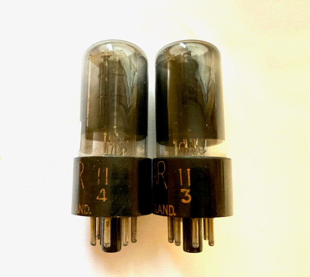 6V6GT, BRIMAR, MATCHED PAIR, BLACK GLASS, BLACK BASE WITH ORANGE PRINT, SAME FACTORY CODE, STC FOOTSCRAY PRODUCTION , 6V6 