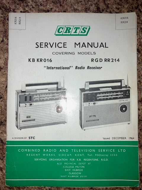 CRTS SERVICE MANUAL, KB KR016 & RGD RR214 RADIOS, DEC 1964