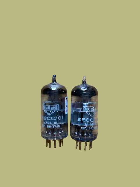 ECC88/01, MATCHED PAIR, GOLD PINNED SPECIAL QUALITY, CV2493, MULLARD, WHITE PRINT, MITCHAM PRODUCTION , ECC88
