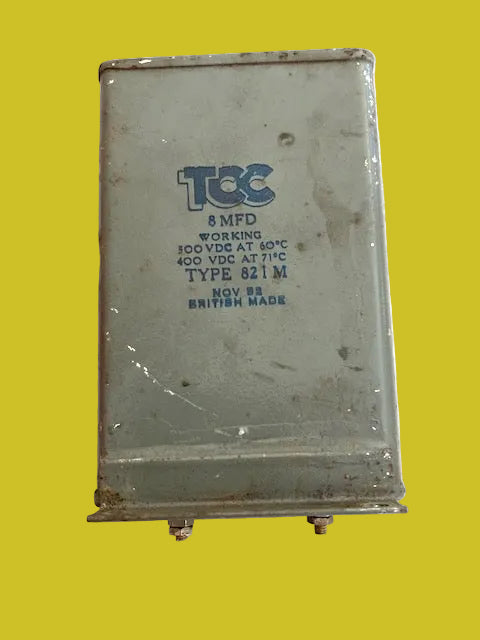 TCC, VISCONOL, PAPER IN OIL, PIO, PAPER BLOCK CAPACITORS, CERAMIC TERMINAL, 8uF @ 400V, TYPE 821M 