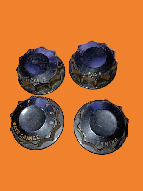4X RIBBED, BROWN KNOBS,  AMBASSADOR RADIO ,MARKED  WAVECHANGE TREBLE, BASS TUNING, 40mm DIA., 15mm DEPTH, 