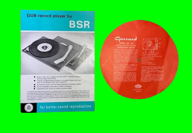GARRARD SRP22  PLATTER DISPLAY  LABEL 1967 AND A BSR GU8 SPEC SHEET