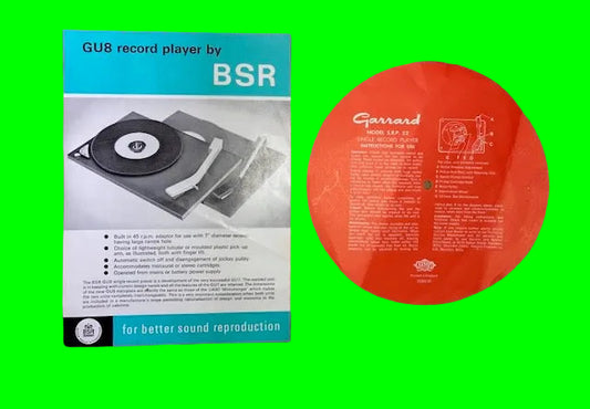 GARRARD SRP22  PLATTER DISPLAY  LABEL 1967 AND A BSR GU8 SPEC SHEET