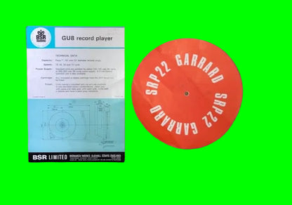 GARRARD SRP22  PLATTER DISPLAY  LABEL 1967 AND A BSR GU8 SPEC SHEET