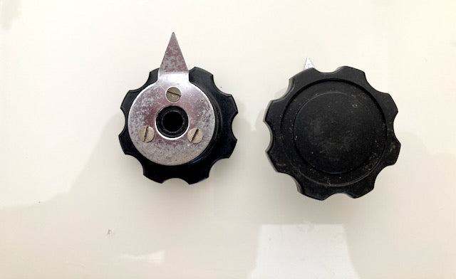 MARCONI, BLACK FLUTED KNOB, TOP HAT PROFILE, WITH CHROME INDICATOR PLATE,  43mm DIA, 24mm HEIGHT