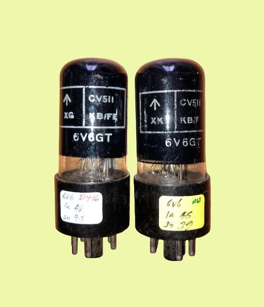 CV511, MIL SPEC 6V6GT, BRIMAR, MATCHED PAIR, BLACK GLASS, BLACK BASE, WHITE PRINT, 1966 STC OLDWAY PRODUCTION, 6V6