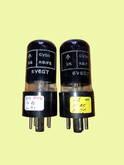 CV511, MIL SPEC 6V6GT, BRIMAR, MATCHED PAIR, BLACK GLASS, BLACK BASE, WHITE PRINT, 1966 STC OLDWAY PRODUCTION, 6V6
