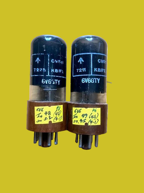 6V6GT, BRIMAR, CV511, MIL SPEC 6V6GT, BRIMAR, MATCHED PAIR, BLACK GLASS, BROWN BASE, WHITE PRINT, 1972 STC OLDWAY PRODUCTION, 6V6 