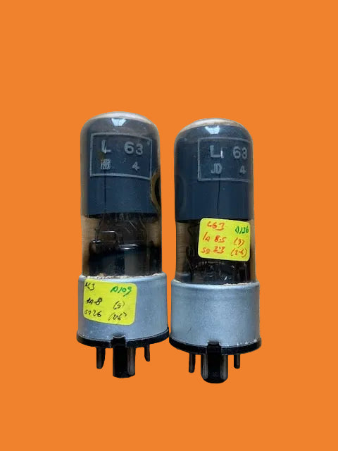 L63, OSRAM, MARCONI WIRELESS TELEGRAPH, MWT,, MATCHED PAIR, GREY GLASS, METAL BASE OVERCAP, LONG ENVELOPE, 6J5GT, CV1934,  HAMMERSMITH SEPTEMBER 1952/3 PRODUCTION,