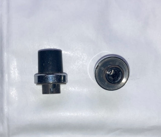 PAIR, 2X, COMMUNICATIONS TRANSCEIVER STYLE KNOBS, BLACK WITH CHROME BASE RING, CLIP D SHAFT 6mm,  20mm HEIGH, 20mm DIA., SUIT YAESU, ICOM OR SIMILAR