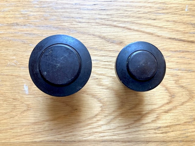 BROWN BAKELITE, KNOB PAIR,  6mm D SHAFT,  33mm HEIGHT, 38/31mm DIA.